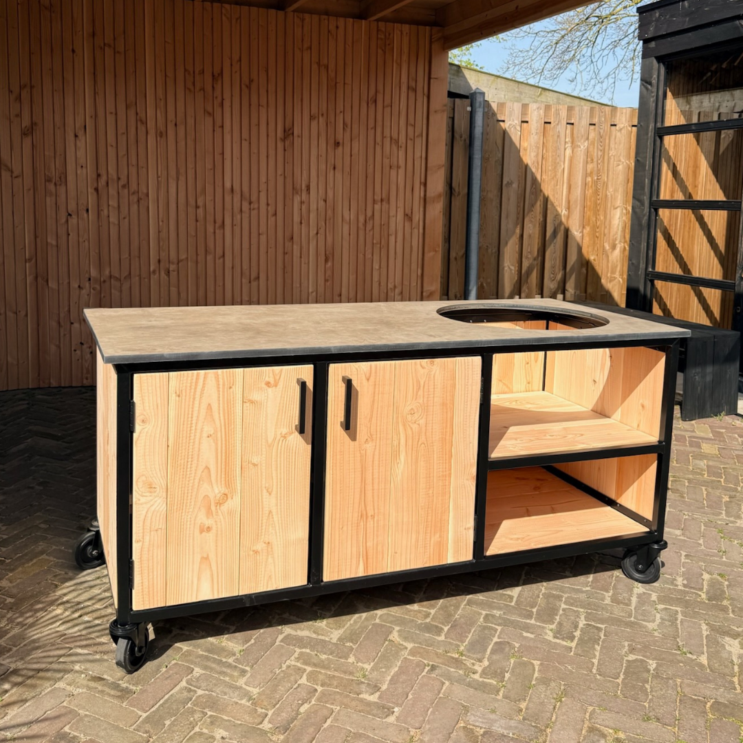 Buitenkeuken Douglas en staal met opbergkast en Taupe HPL werkblad - Lengte 180 cm - Afbeelding 1